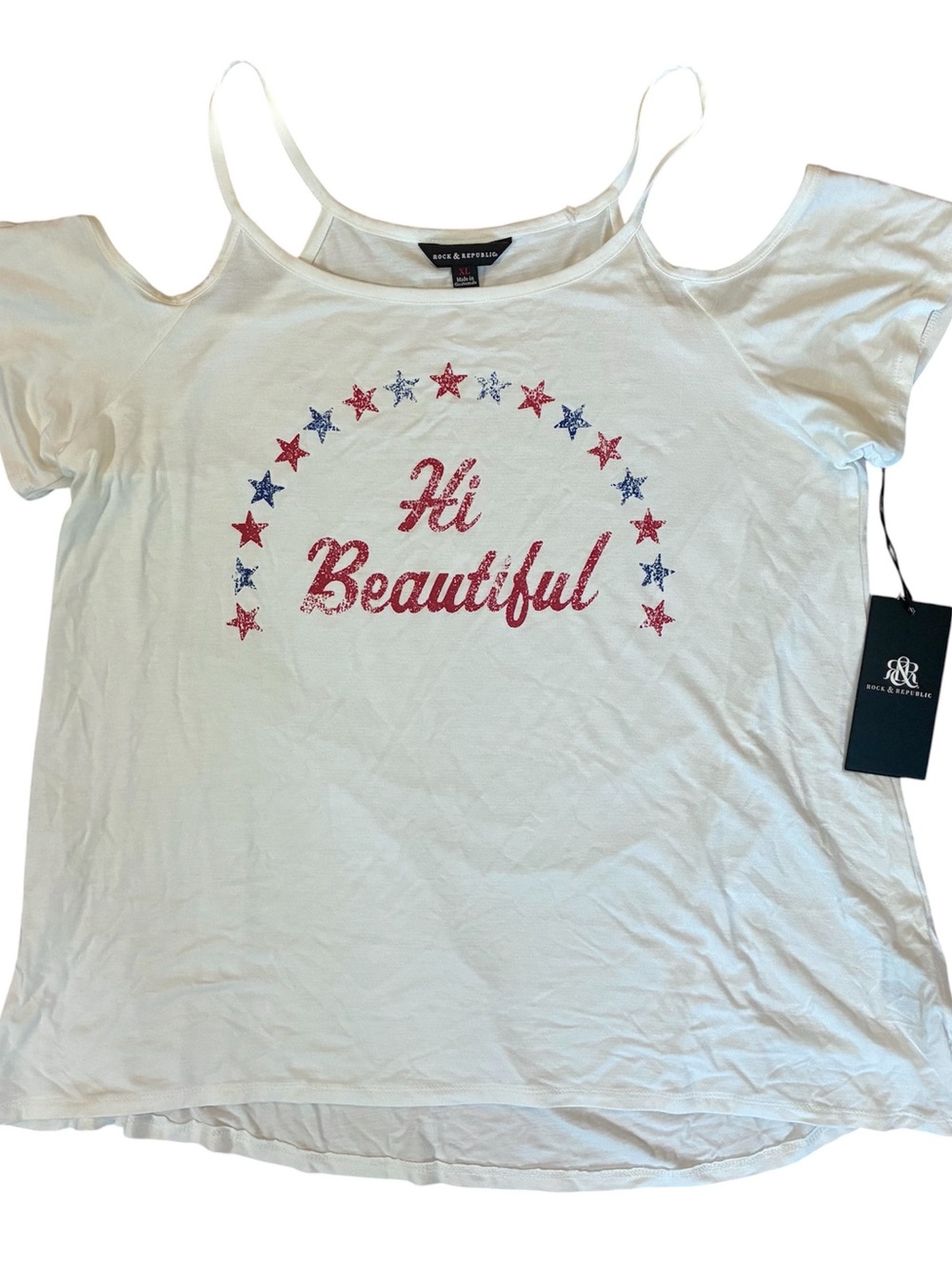 NWT Rock & Republic Women's "Hi Beautiful” White Cold Shoulder USA Patriotic